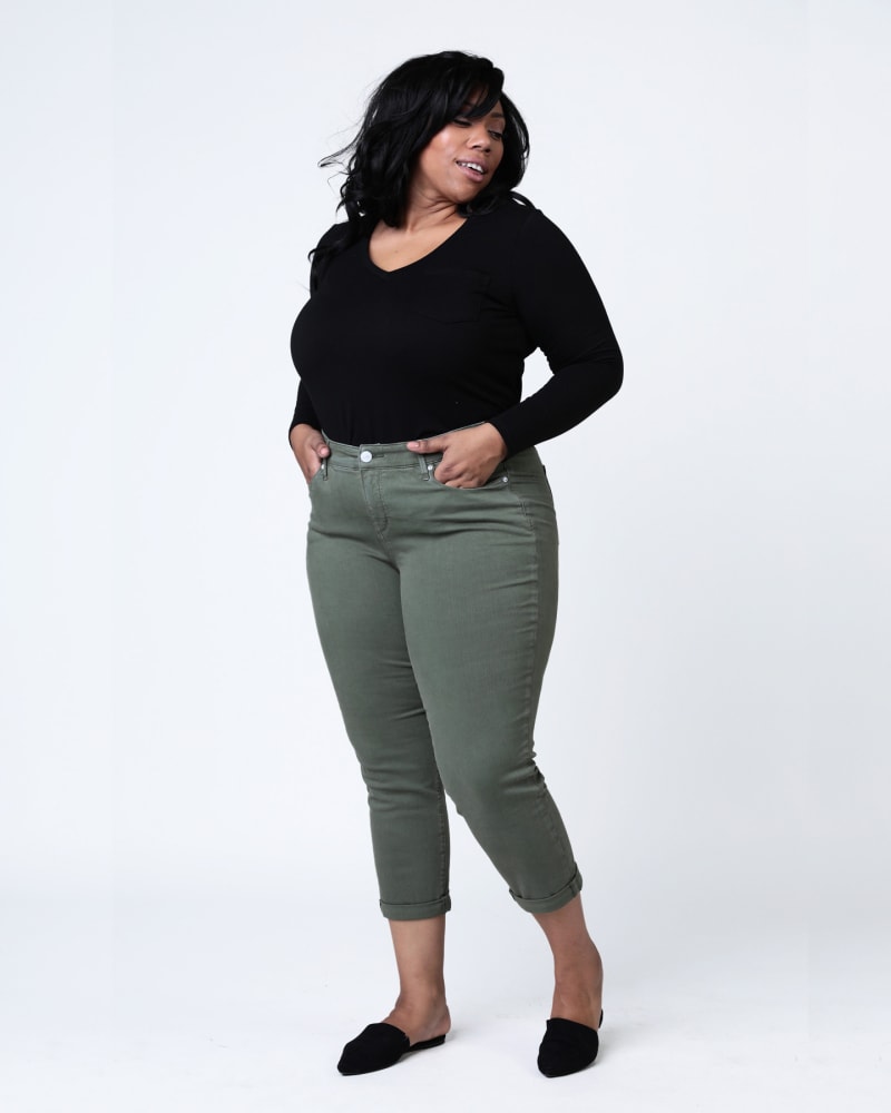 Front of a model wearing a size 12 Kristina Mid Rise Boyfriend Jean in PINE by Slink Jeans. | dia_product_style_image_id:310796